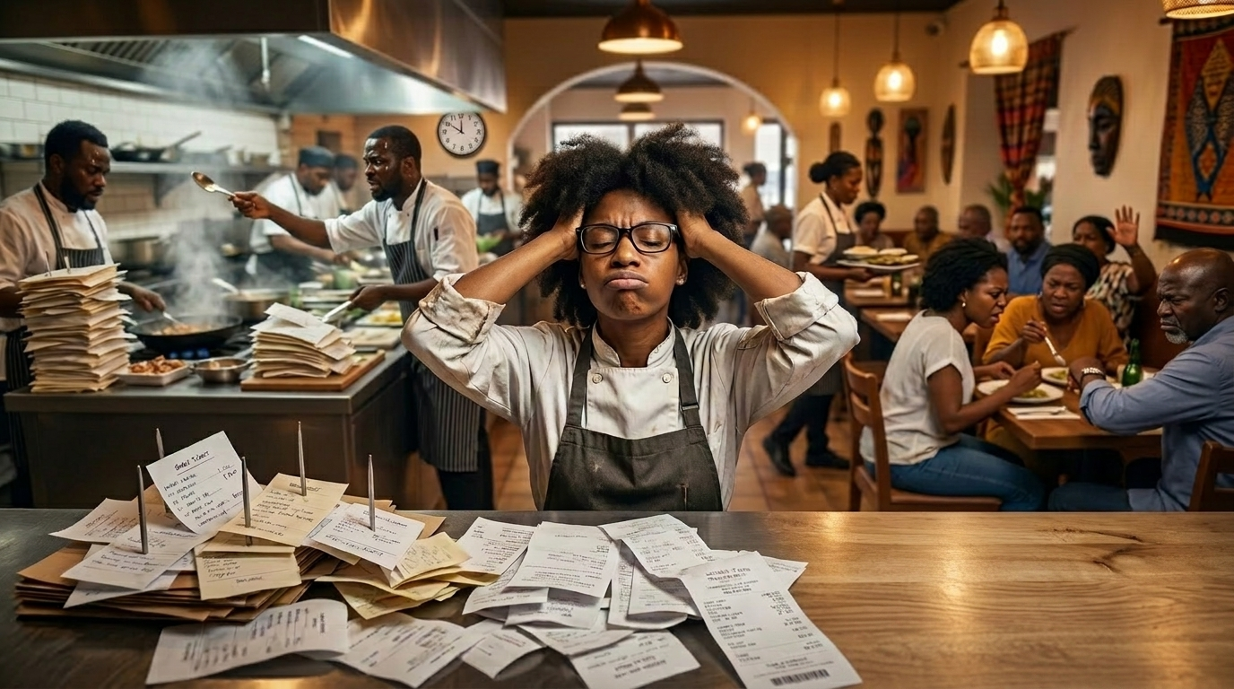 Restaurant désorganisé avec clients en attente et gestion manuelle